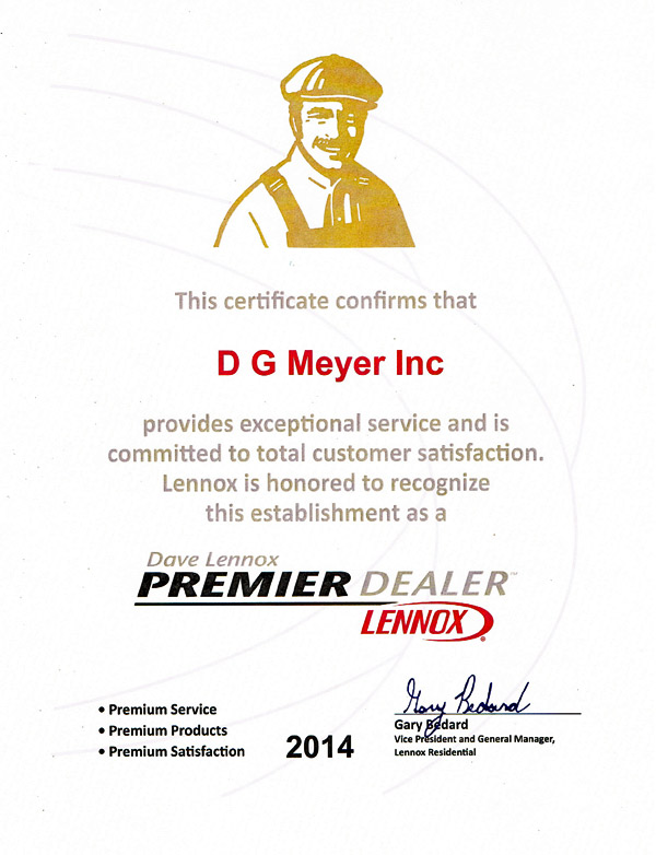 Lennox Premier Dealer Certificate 2014 D G Meyer Inc